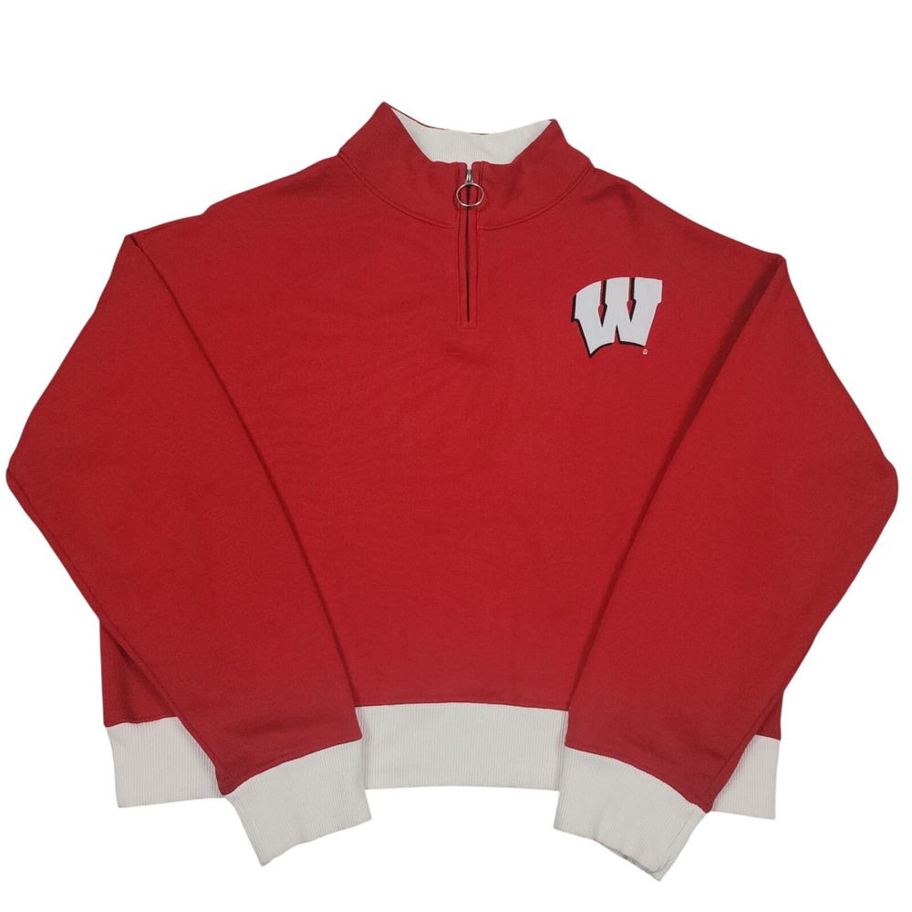 Wisconsin Badgers Sweatshirt Womens L Red Champion Superfan Crop Quarter Zip
